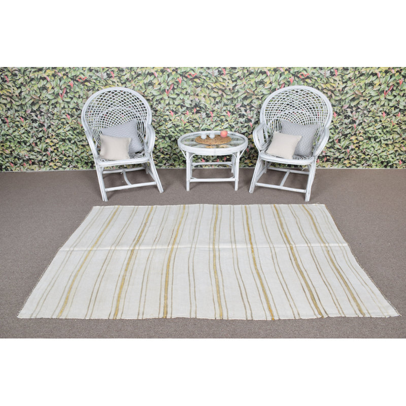 Handmade Vintage Turkish Hemp Kilim Rug in Antique White for Kitchen and Boho Areas