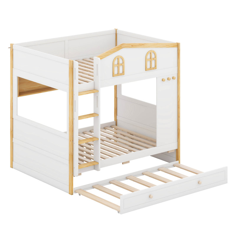 Lit superposé avec garde-corps en forme de maison, tablettes de rangement et lit gigogne, Lit superposé double sur double