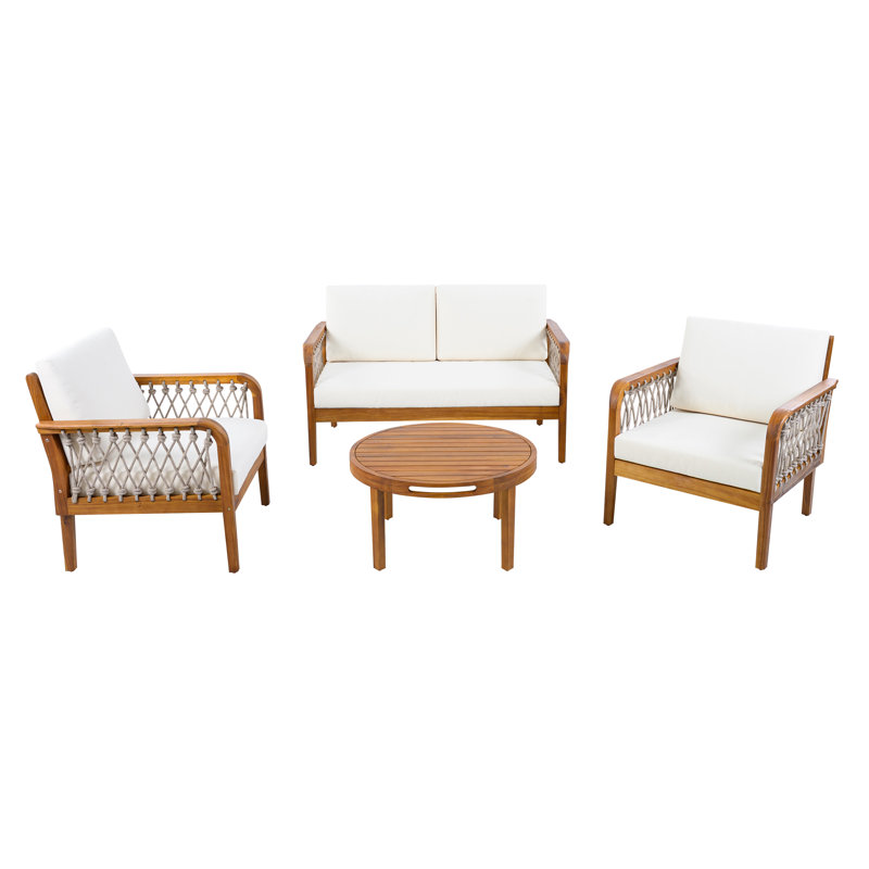 Dickenson Outdoor 4-Piece Acacia Wood Conversation Set With Woven Rope & Cushions, Oatmeal Rope/Teak Frame