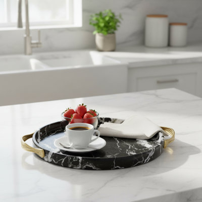 12” Round  Black Zebra Marble Serving Tray – Elegant Luxury Home & Kitchen Decor