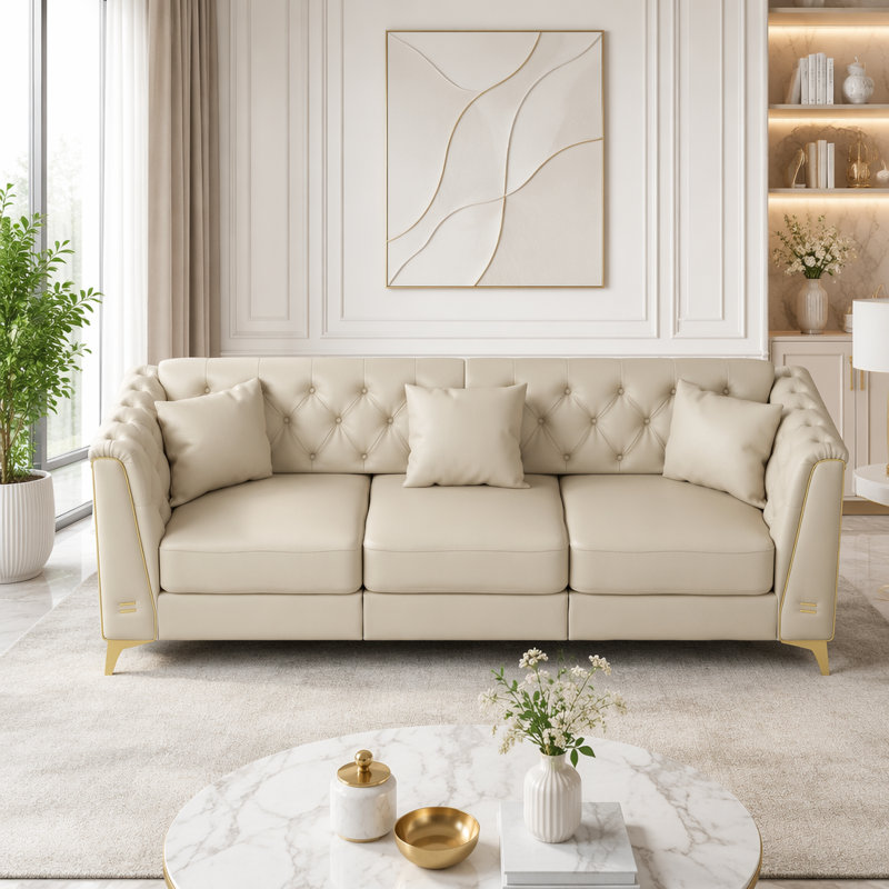 Canapé Chesterfield modulaire 3 places léger avec 2 repose-pieds, similicuir et pieds en métal Light