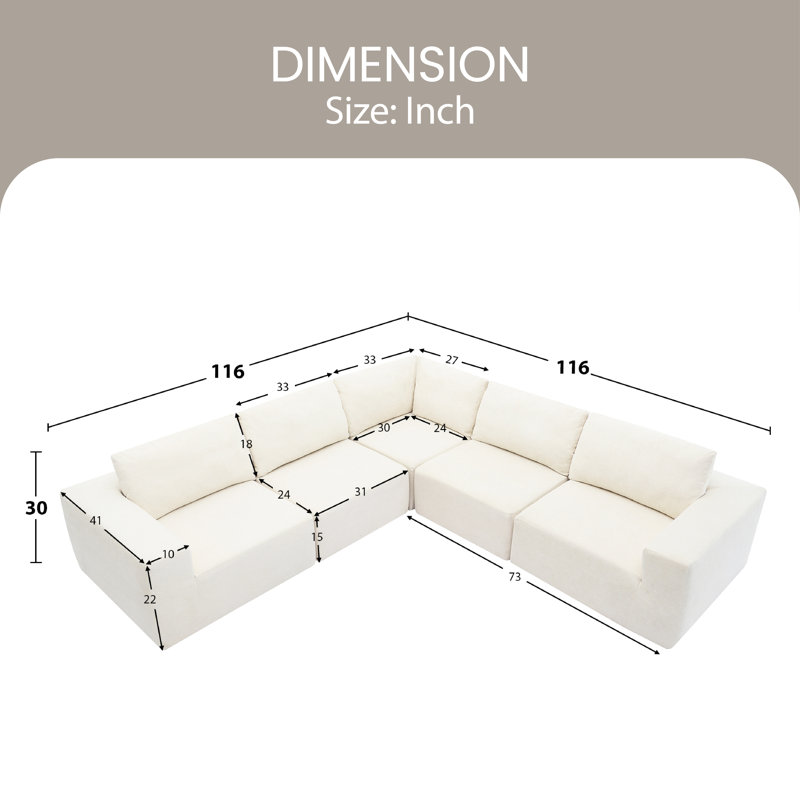 Darende Upholstered L-Shaped Sectional, White Polyester