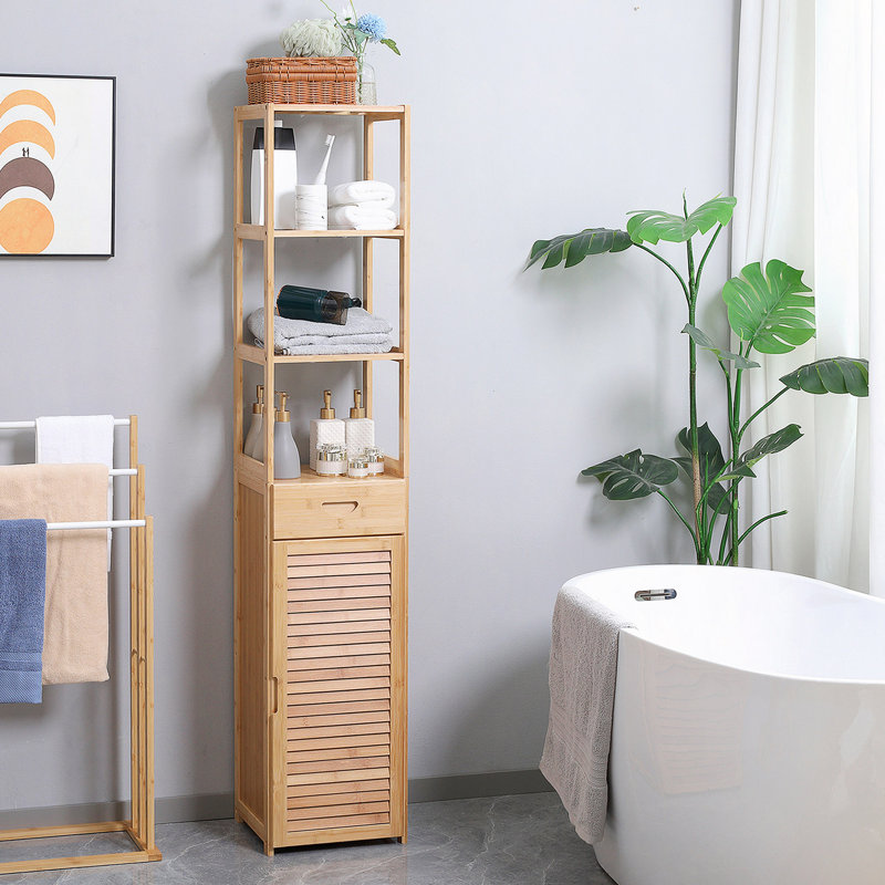 Tall Bathroom Cabinet With Drawer And Slatted Shelves, Slim Bamboo Linen Tower With Louvered Door