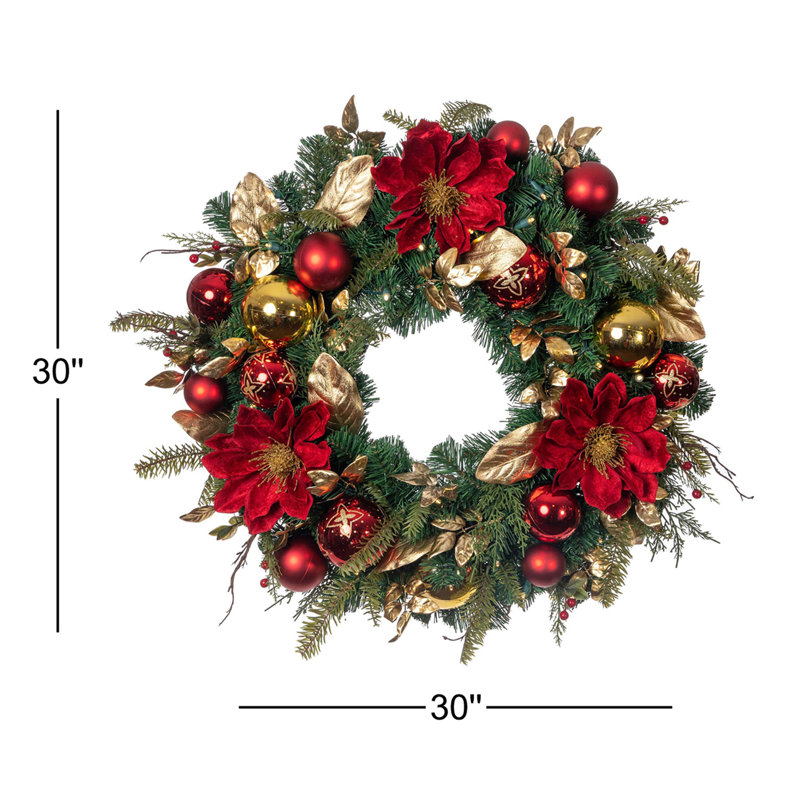 Golden Leaf Red Magnolia 30'' Artificial Christmas Wreath with LED Lights