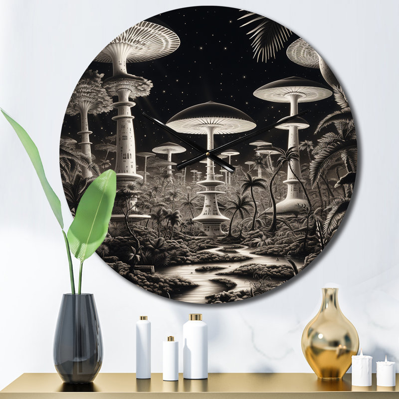 Enigmatique champignon magique en noir et blanc - horloge murale paysage abstrait, Petit