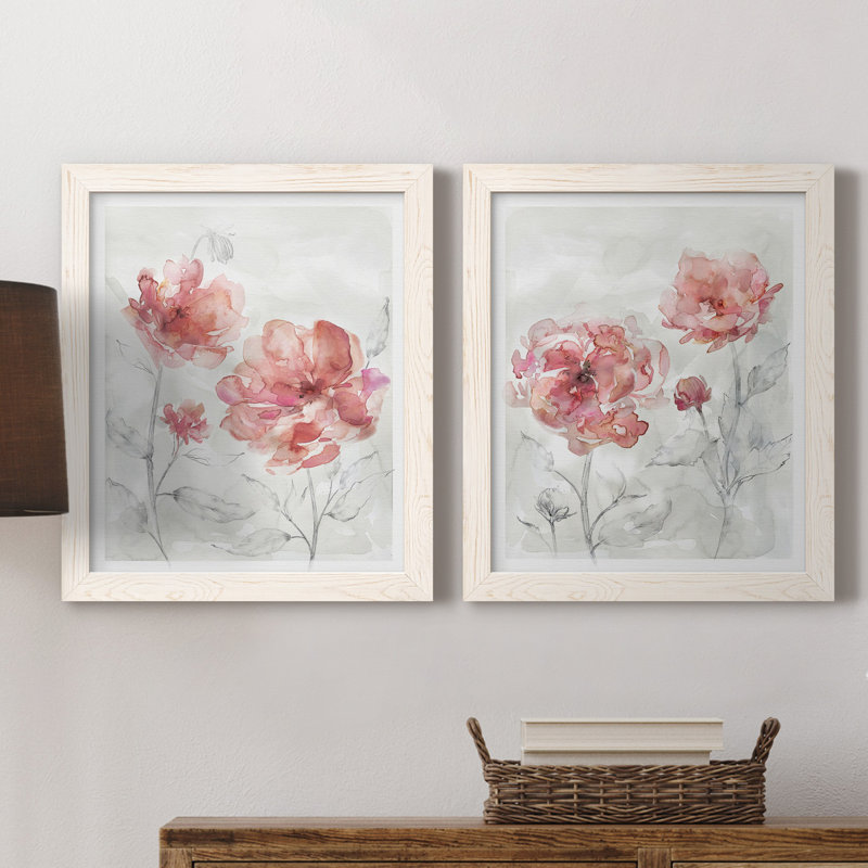 «Blush Botanical I», ensemble de 2 reproductions d'art, Pas de tapis, H 20 po x l 17 po x P 1 po, Toile blanche encadrée