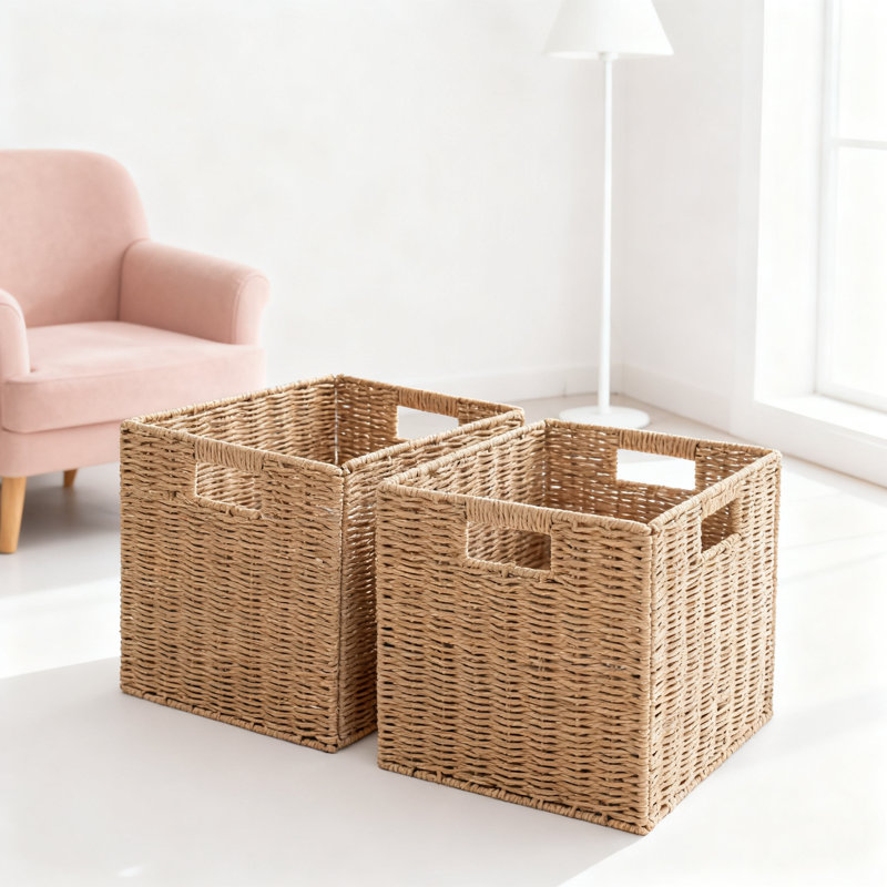 Handwoven Paper Rope Storage Baskets With Handles, Set Of 4 Foldable Cube Organizers For Home Organization In Living Room, Bedroom, And Office