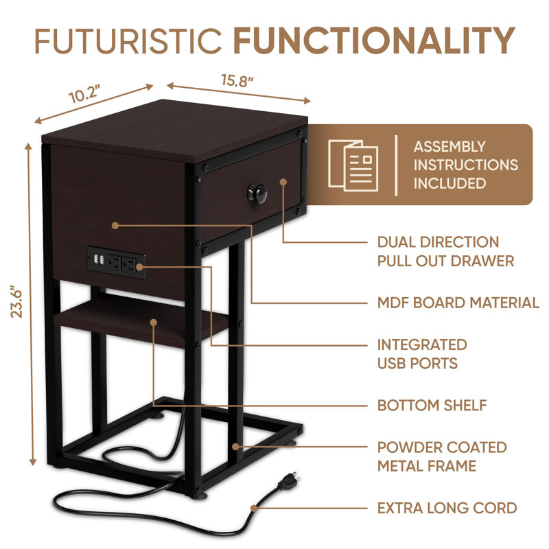 End Table With Charging Station - C Shaped Living Room Side Table With Drawer & Manual - Durable Bedside Table For Tidy Space