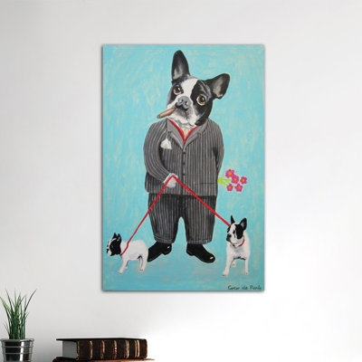 « bouledogue dog walker », reproduction d’art sur toile
