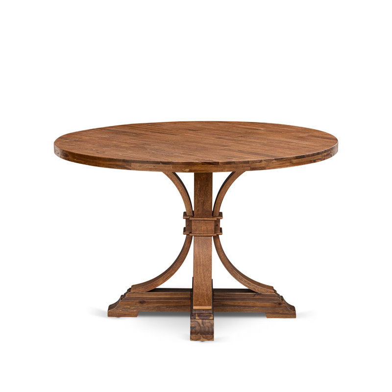 7 Piece Dining Set Consists of a Round Kitchen Table with Pedestal and 6 Light Tan Linen Fabric Parson Chairs, Antique Walnut