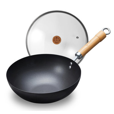 11'' Carbon Steel Iron Wok with Glass Lid, Rust Resistant, No Coating