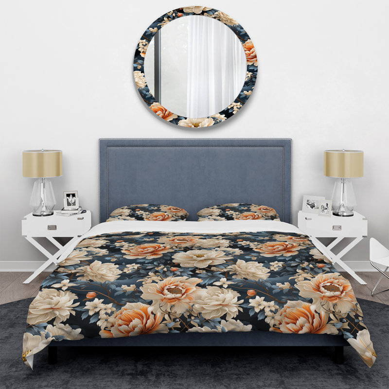 Ensemble de housse de couette beige et bleu à motif floral IV, Housse de couette simple + 1 taie décorative stan