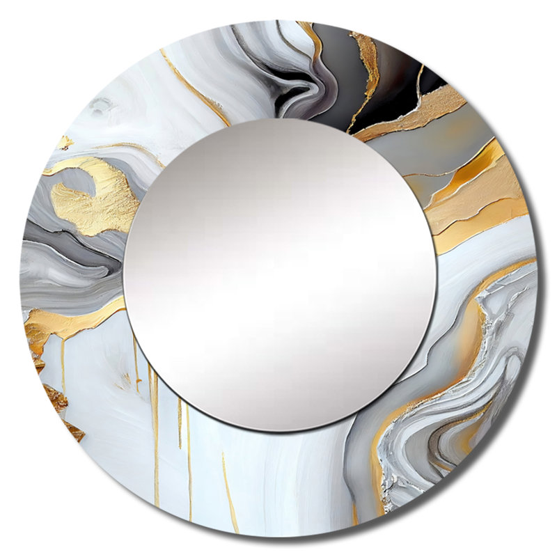 Onye - marbre blanc et or abstrait II - miroir décoratif en marbre, miroir mural rond blanc, impression d'art en métal