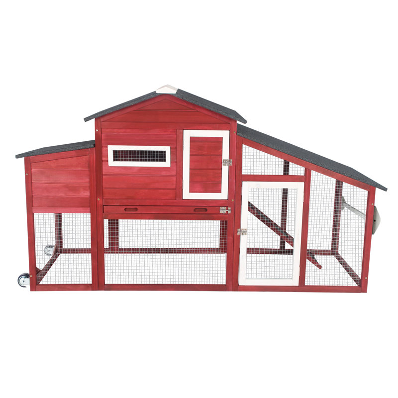 Mobile Wooden Chicken Coop with Wheels and Handle, Chicken Tractor with Outdoor Run, Pull-Out Tray & Weatherproof Asphalt Roof, Red