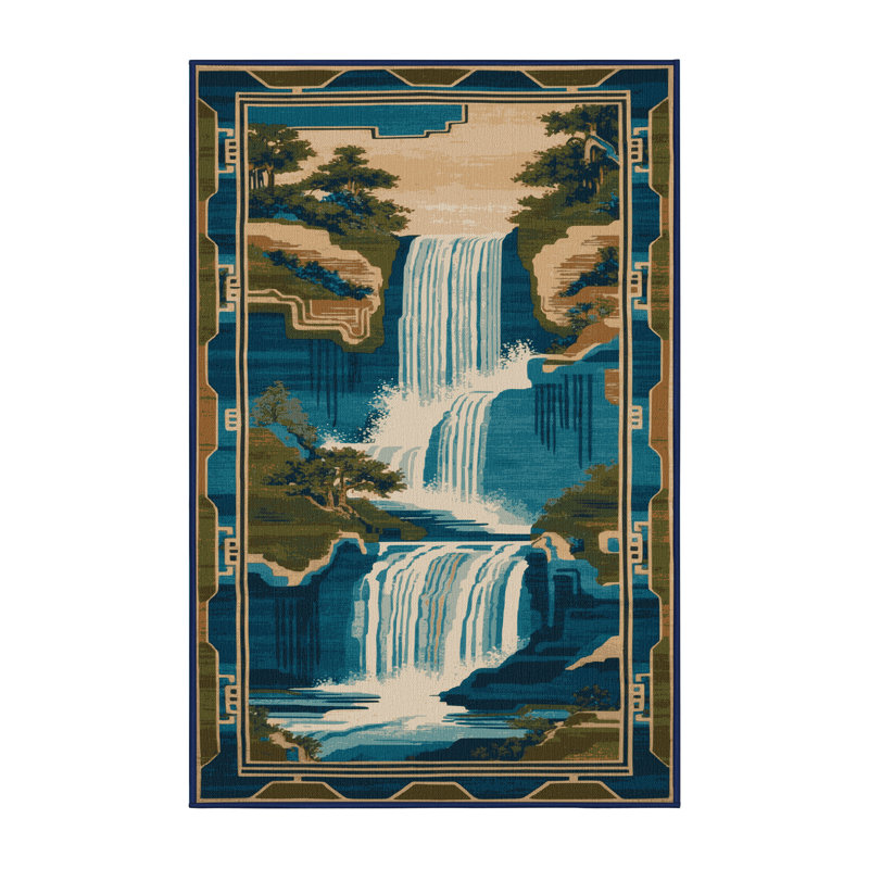 Machine Washable Art Deco Blue Area Rug, Rectangle 3' x 5'