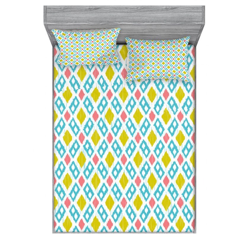 Microfiber Ikat Sheet Set, Queen Sheet Set + Fitted Sheet + Pillowcase, Green/Pink Ikat