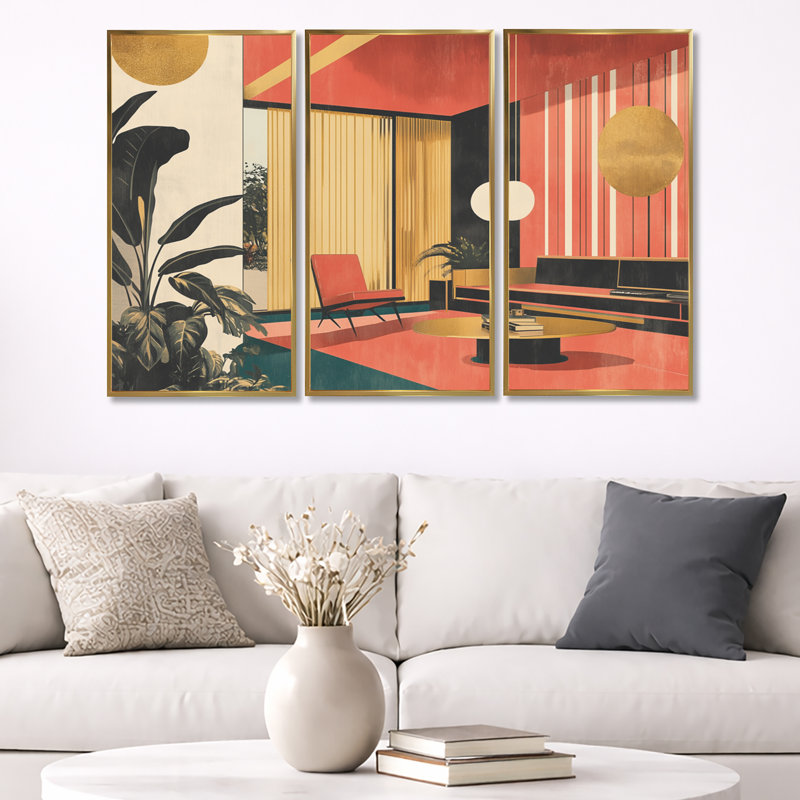 «Modern Home in Pop Collage II», ensemble d'art mural encadré intérieur rétro de 3, H 32 po x l 48 po, Cadre flottant doré