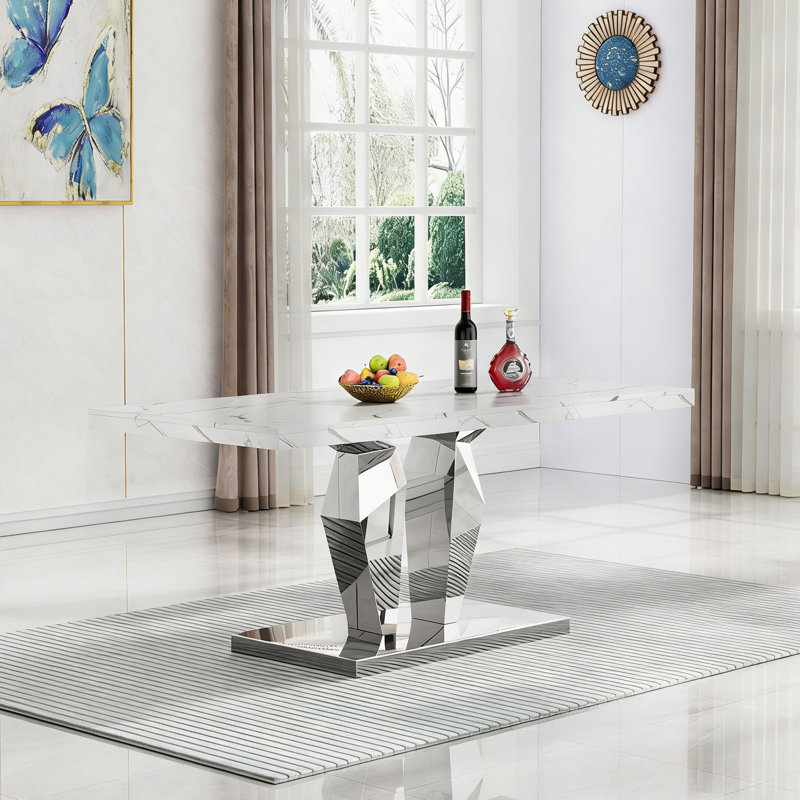 White Marble Dining Table, Luxurious 70" Marble Table Dining with 2.36" Thick Printed Marble Tabletop and Stainless Steel Pedestal, Modern Kitchen Dining Room Table for 8
