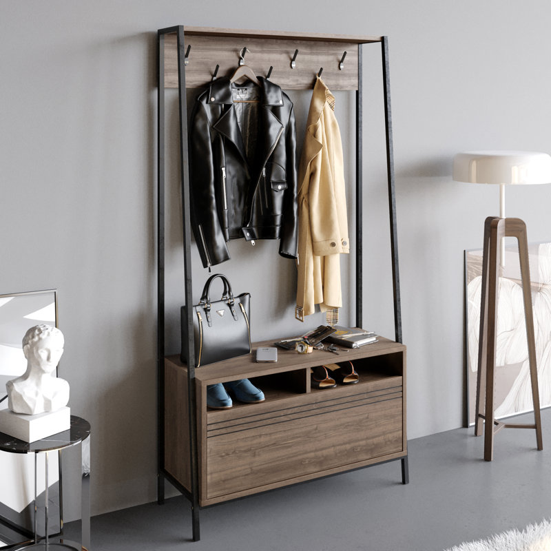 Hopewell Hall Tree with Bench and Shoe Storage, Walnut/Black