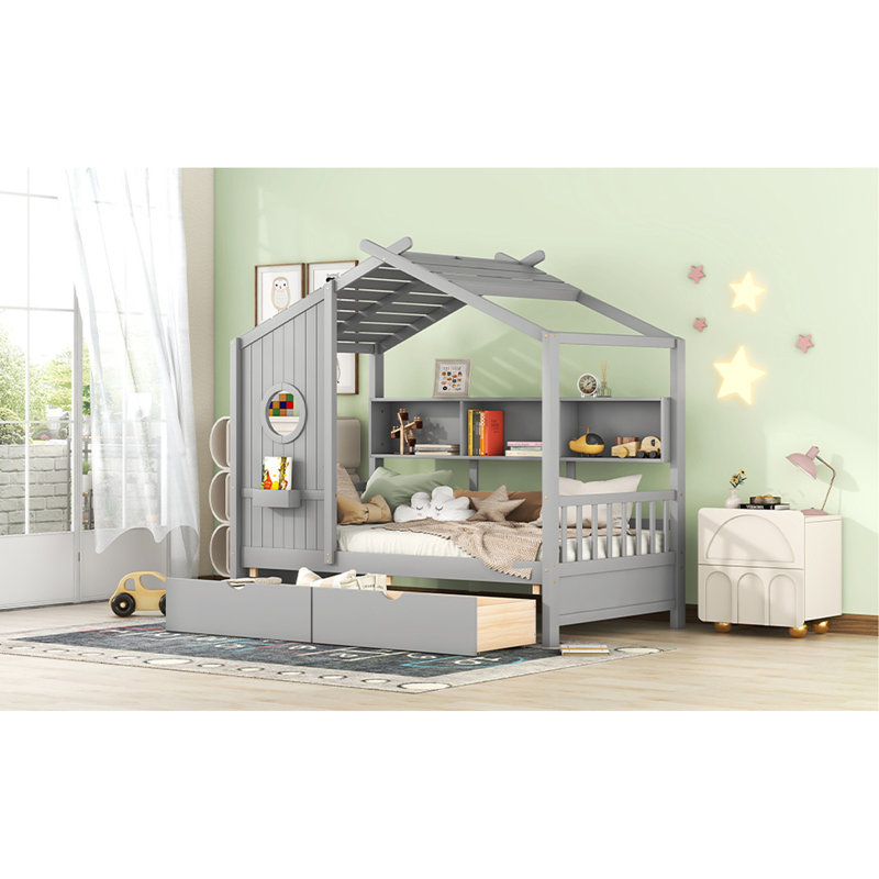 Lit en bois avec 2 tiroirs, lit pour enfant avec tablette de rangement, Lit simple, Gris