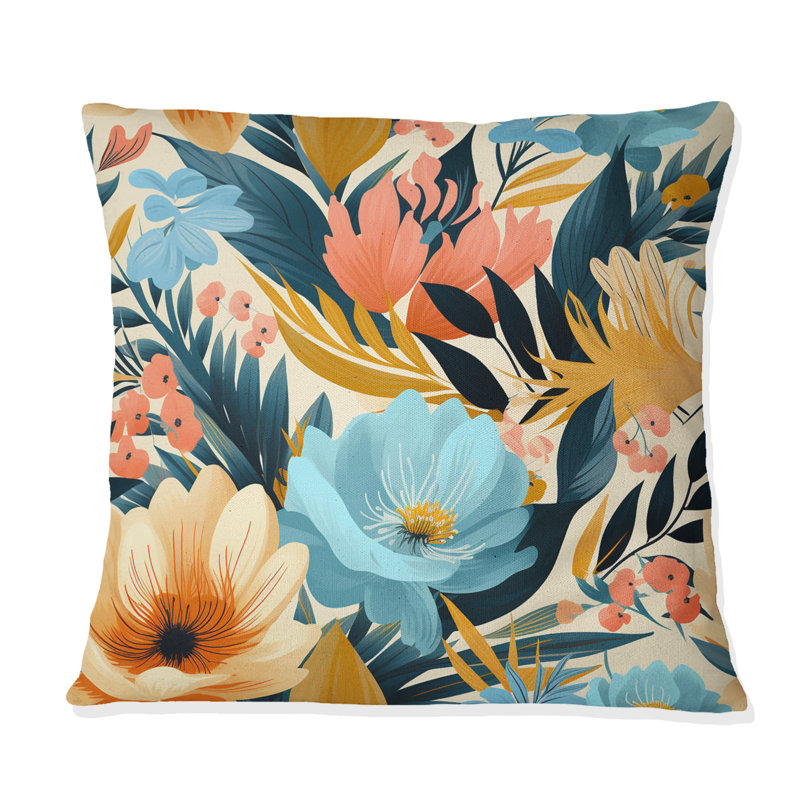 Fleurs claires dans un motif tropical - Coussin Abstrait corail multicolore abstrait - Coussin, H 18 po x l 18 po