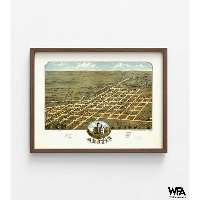 Vue d'oiseaux du comté d'Austin-Mower, Minnesota, 1870, Impression encadrée noire sans passe-partout, H 5 po x l 7 po