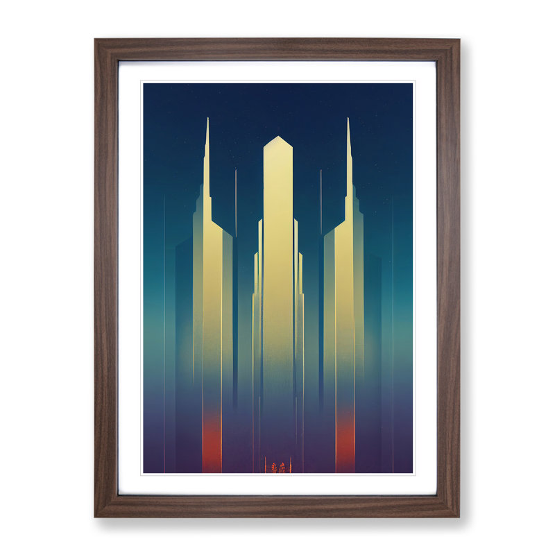 XV1022-702X Art Deco City Architecture No.8 Skyscraper 1 Piece Single Picture Frame Wall Art, 34cm H x 25cm W, Brown
