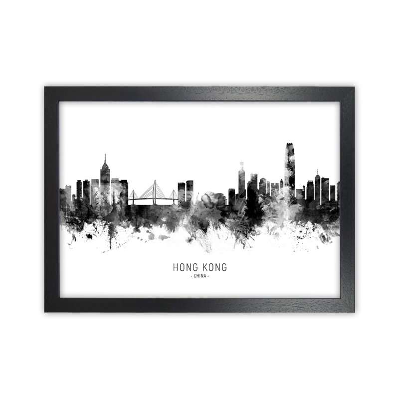 Hong Kong China Skyline Black White City Name by Michael Tompsett - Print, Black Framed, 46cm H x 63cm W x 3cm D