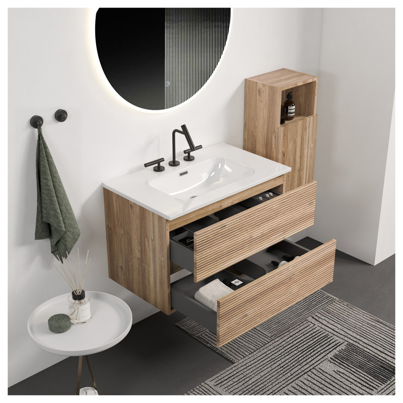 Meuble-lavabo mural 30 po avec finition en chêne brut, lavabo en céramique et armoire en bois aggloméré Gloria