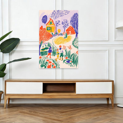 Children'S Whimsical Village Colorful Playful Whimsical Landscape Spring Wall Art Print 1 Piece Wrapped Canvas Wall Art