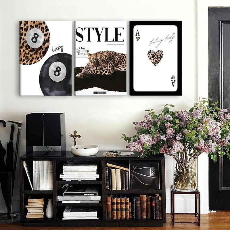 Set Of 3 Framed Trendy Leopard Canvas Wall Art Preppy Room Aesthetic Cheetah Cheetah Posters Prints Funky Lucky 8 Ball Wall Decor Pictures For Bedroom Apartment Dorm Decoration