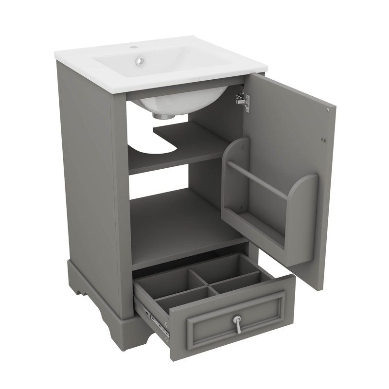 Meuble-lavabo de 20 po avec lavabo simple intégré, tablette ajustable en U, tiroir à compartiments et support de rangement fixé à la porte