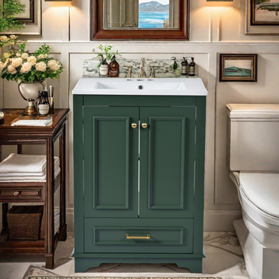 Meuble-lavabo de 24 po avec lavabo en céramique, structure en bois massif et armoire en bois massif, armoire de rangement moderne avec tablettes réglables