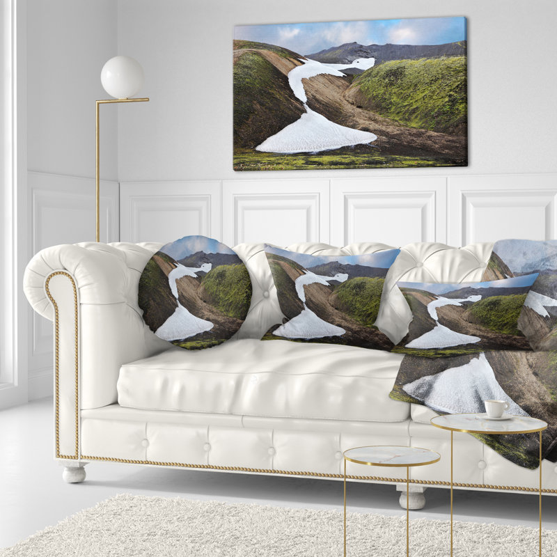 White Spots Snowfields In Gullies - Landscape Printed Throw Pillow