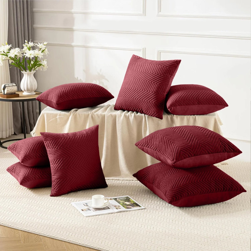 Embossed Quilted Chevron Decorative Cushion Cases - Set of 4 Modern Couch & Bed Décor Velvet Throw Pillow Covers , Burgundy