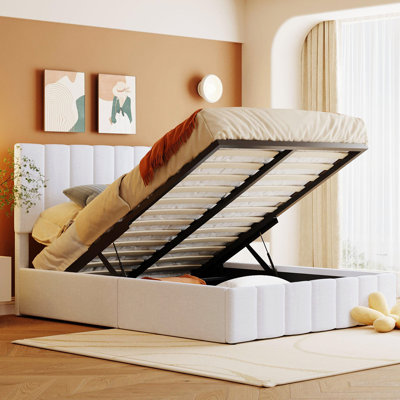 Full Size Hydraulic Storage Upholstered Bed In White. Strong Plywood Structure, 12 Slats. Box Spring Not Necessary. Graceful Linen Upholstery. 400lb Weight Capacity. 78.3"l X 57.4"w 45.5"h. Mattress