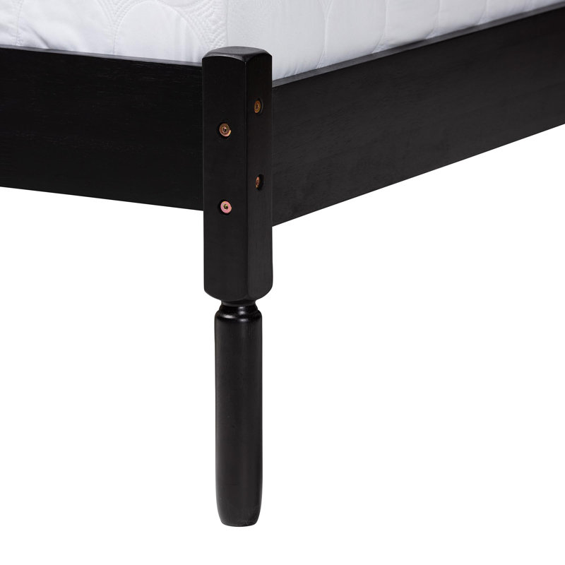 Queen Black Wood Platform Bed with Woven Rattan Headboard