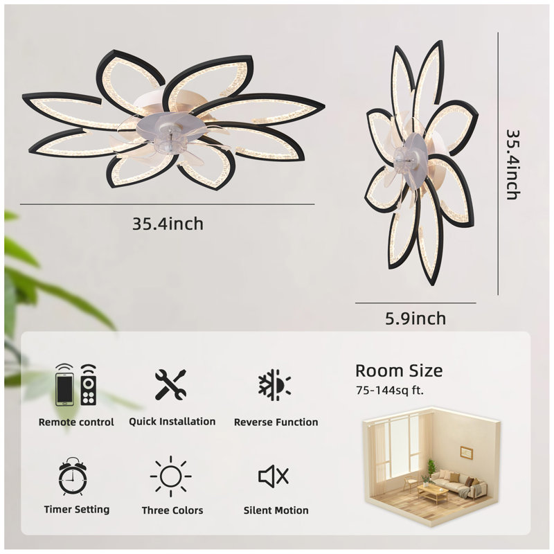 Ventilateur de plafond 35,4 po avec lumières, télécommande 3 températures de couleur, ventilateur à 6 vitesses