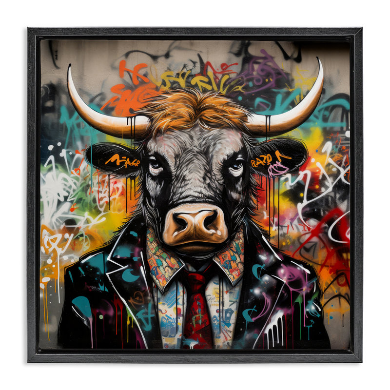 "Urban Graffiti Bull", art mural encadré noir par Lazar Studio, Cadre flottant noir de jais, H 18 po x l 18 po