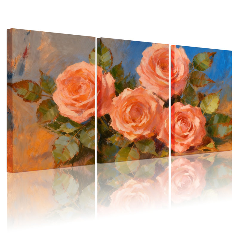 Ensemble de 3 reproductions d'art sur toile, roses et feuilles vertes sur toile, H 30 po x l 60 po
