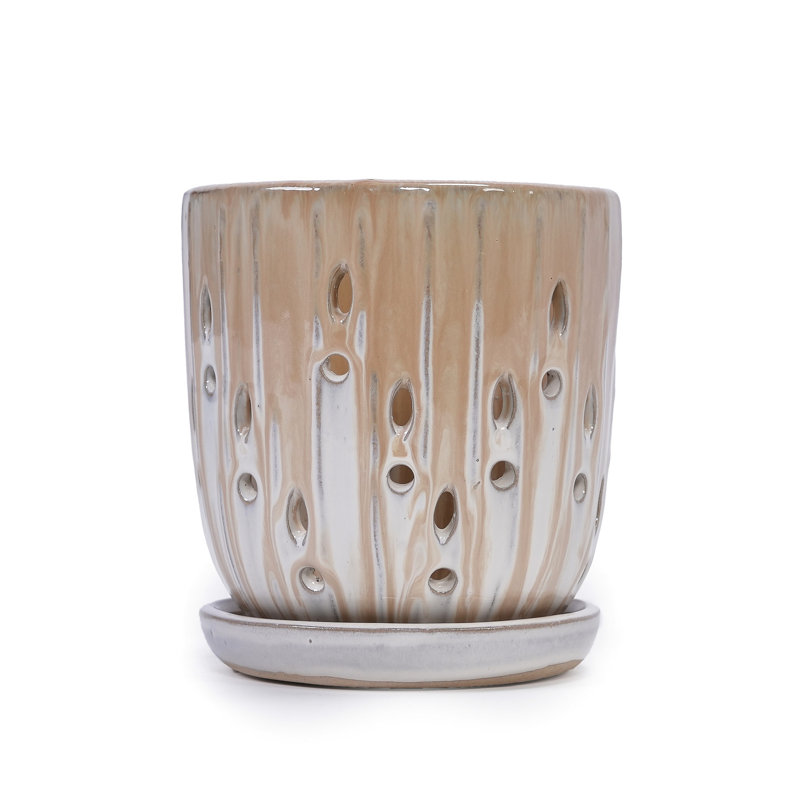 Of 2 8" Striped Ceramic Flowerpots, Brown And Antique White, Drainage Hole. All - Weather, Reinforced, Glossy For Patio, Garden, Windowsill Flowerpots In Planters With Finish