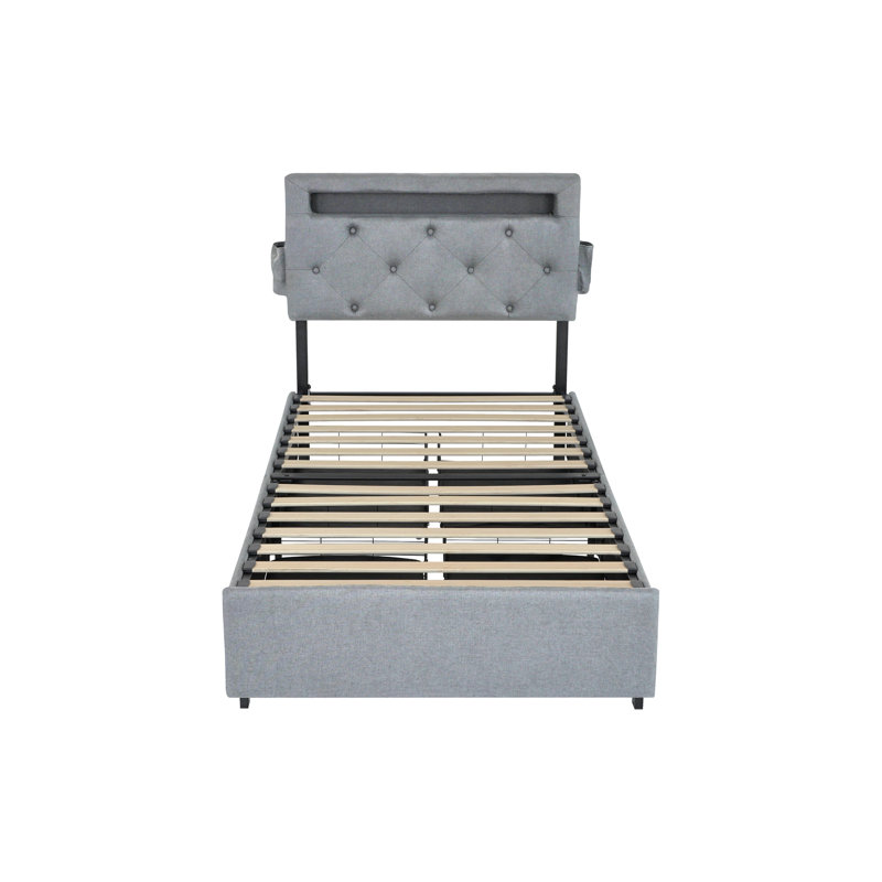 Cadre de lit simple, lumières à DEL, ports de charge, tête de lit, tiroirs de rangement, cadre de chambre organisé avec charge, 4 tiroirs et sommeil silencieux