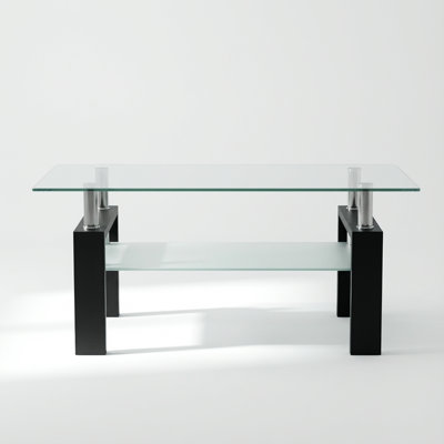 Contemporary Rectangular Glass Coffee Table with Iron Frame with Double Layer Storage Space