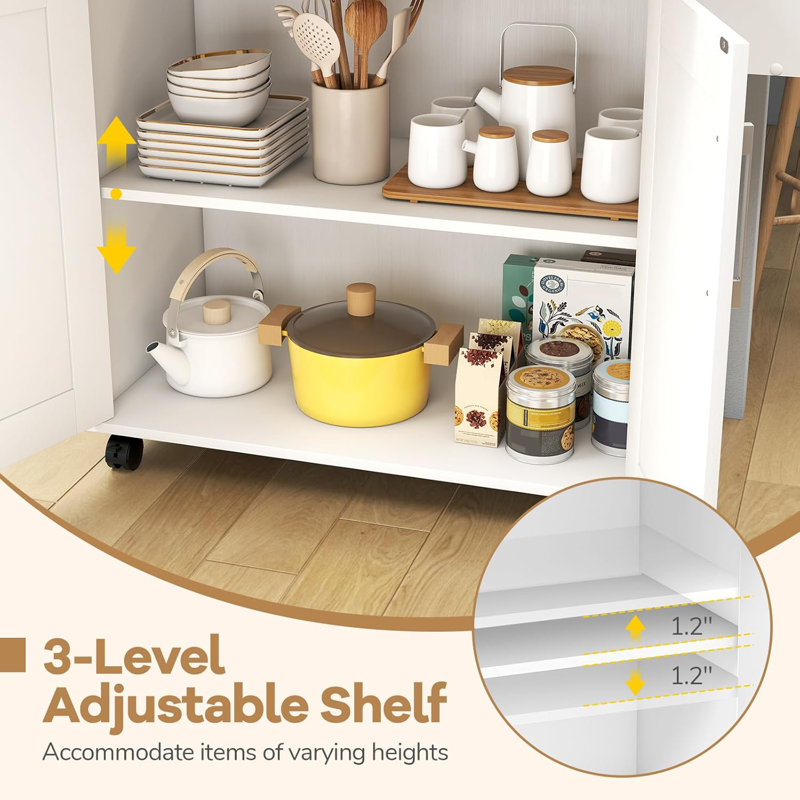 Îlot de cuisine sur roulettes, chariot de rangement à roulettes avec grande armoire, tiroir, support à épices et porte-serviettes, utilitaire de service de cuisine, tablette réglable à 3 positions (blanc)