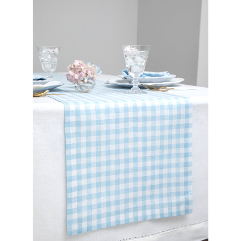 Gingham Checks - 100% Pure Linen Table Runner, 90" x 14", Blue Bell