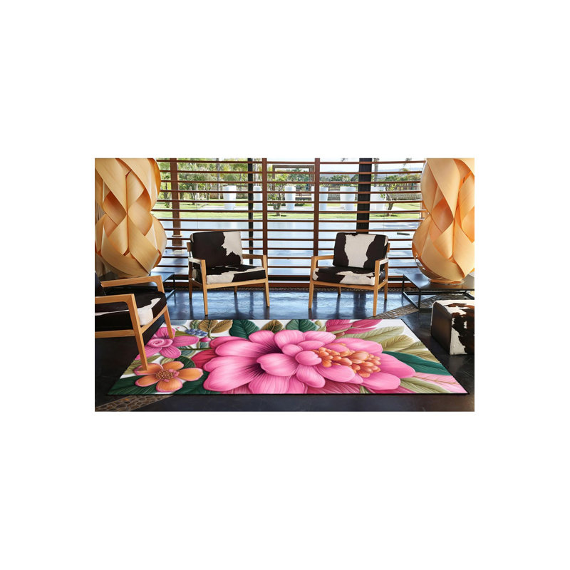 Tapis décoratif floral rose moderne lavable à la machine, Sous-tapis carré 4 pi 11 po inclus
