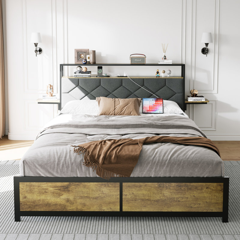 Queen Size Bed Frame With RGB LED Lights,USB Port And Power Outlet,Upholstered Headboard Soft Backrest And Bedside Shelf,No Box Spring Needed , Rustic Brown