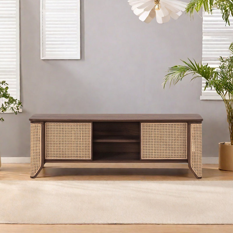 Solid Wood TV Stand with Storage for Small, Reddish Brown