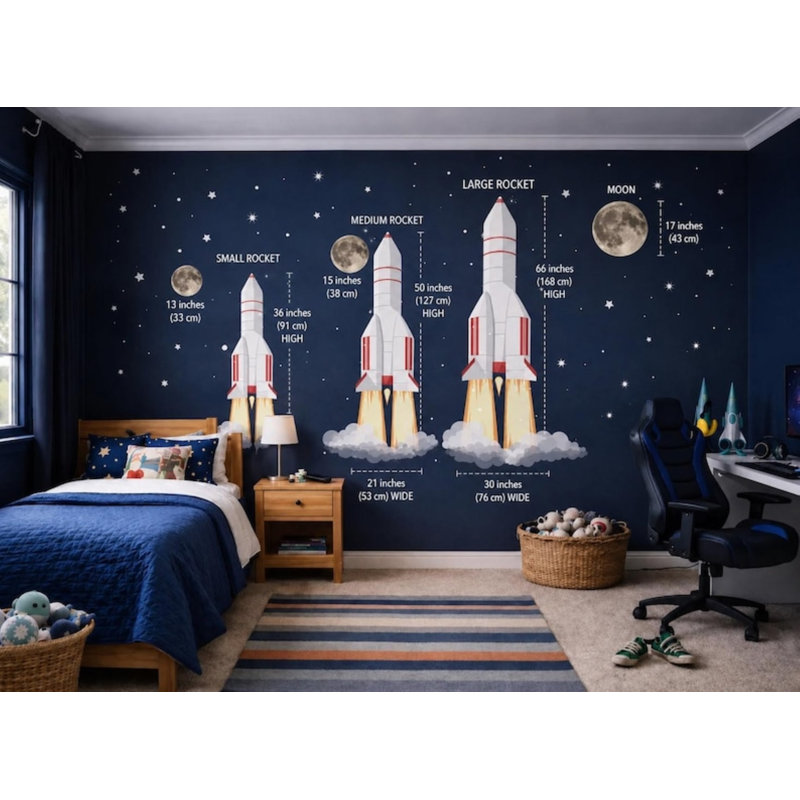 Adhésif décoratif fusée moyenne avec lune et étoiles, hauteur de 50 pouces, Medium (21" W x 50" H)