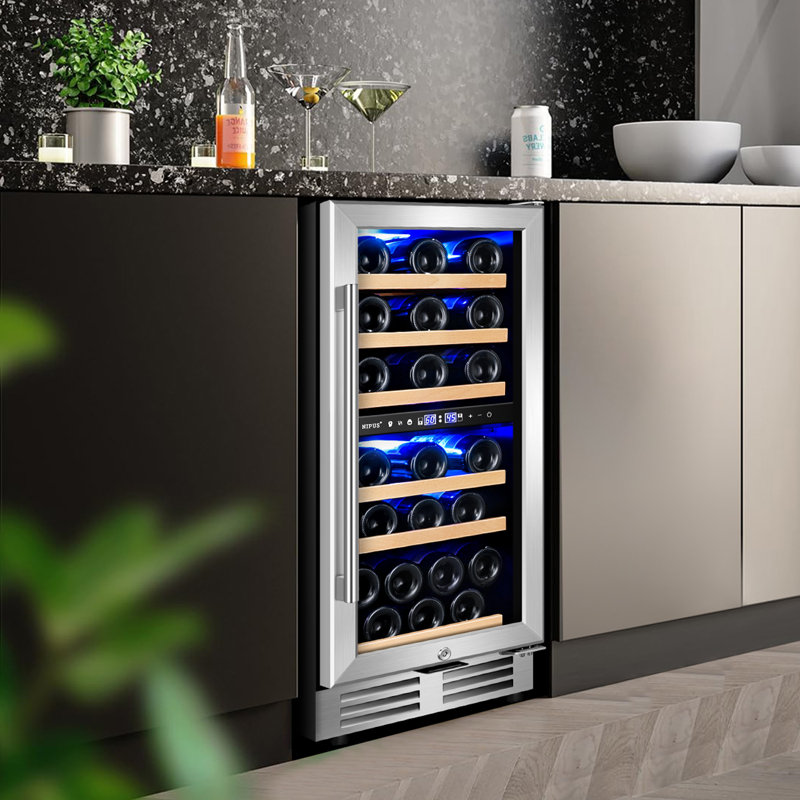 14.96 Inch 30 Bottle Dual Zone Wine Refrigerator Mini Wine Cooler Built-in and Freestanding with Built-In Light and 2 Type Handle Classic Series